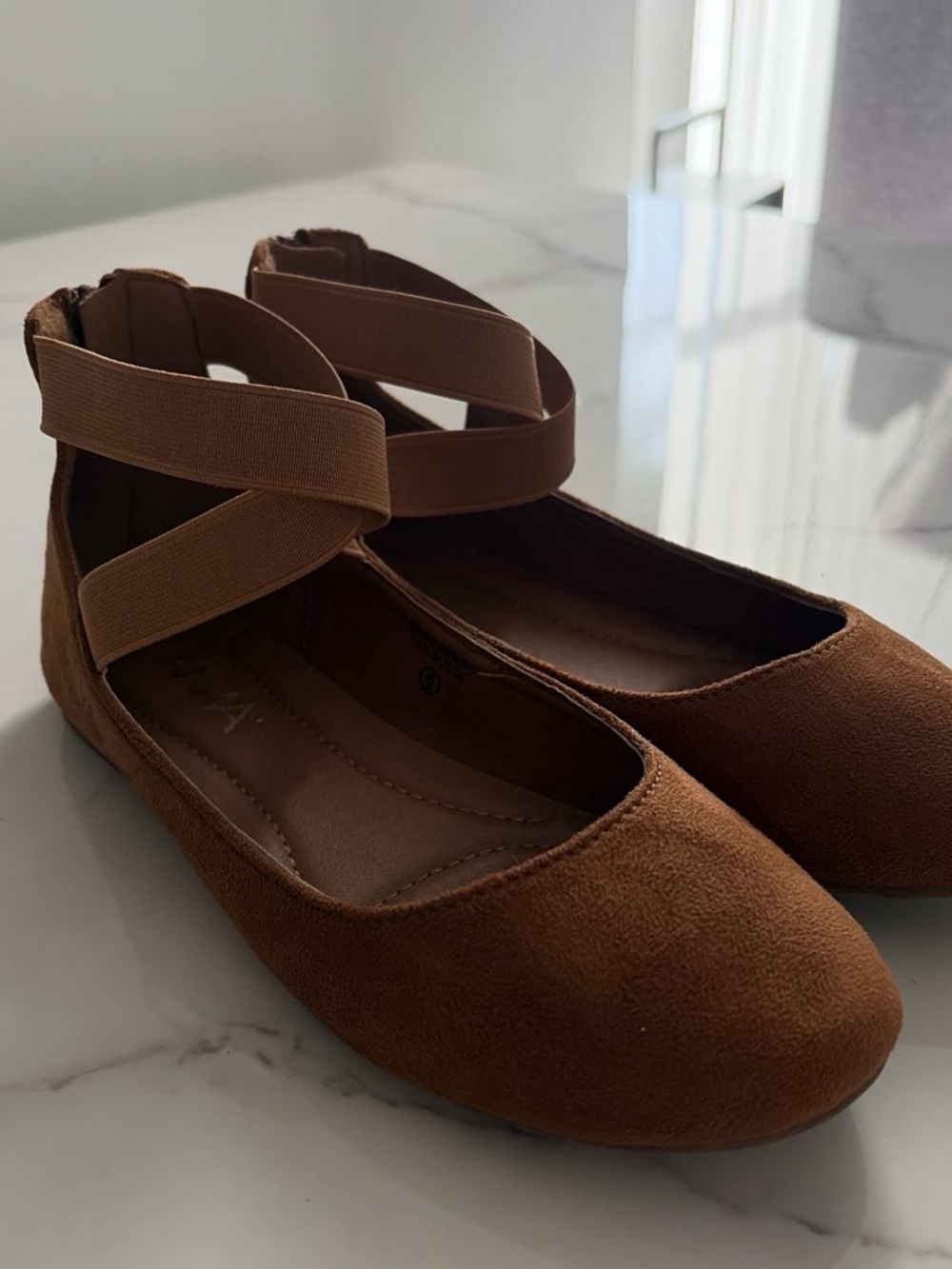 Anna Brown Suede-Look Ballet Flats with Cross Ankle Straps